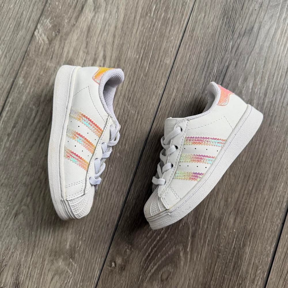Adidas Superstar Kids White Iridescent Rainbow Sneakers Size 8K